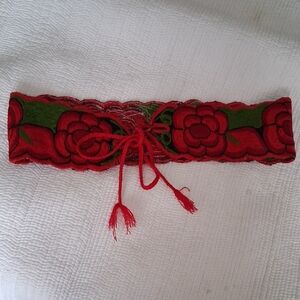Embroidered Red Floral Tie Waist Belt